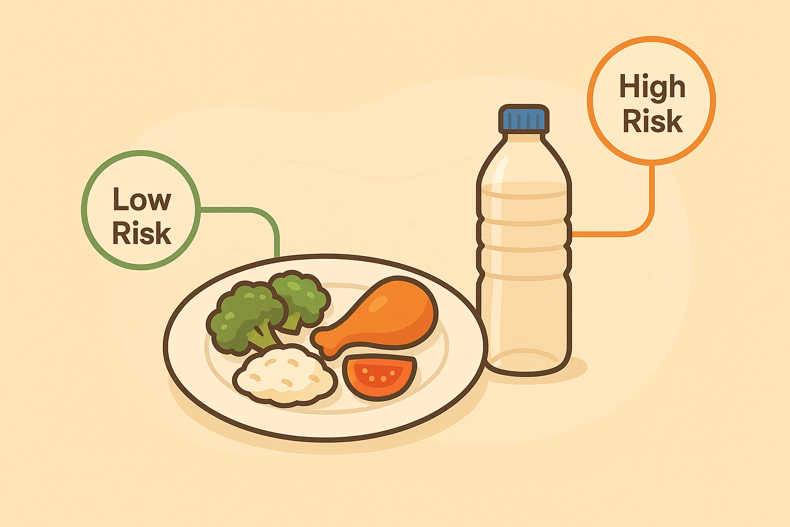 Comparison showing fresh food as low risk and plastic bottle as high risk